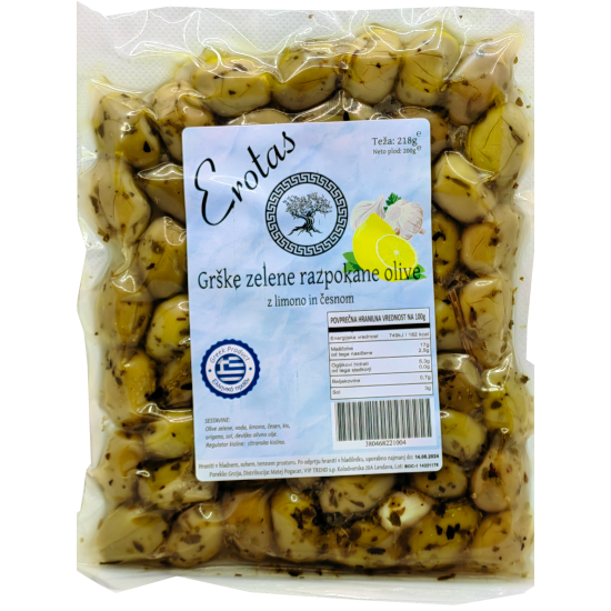 OLIVE VAK. ZELENE RAZPOKANE Z LIMONO IN ČESNOM 218g SHRAMBA OLIVE VAK. ZELENE RAZPOKANE Z LIMONO IN ČESNOM 218g SHRAMBA